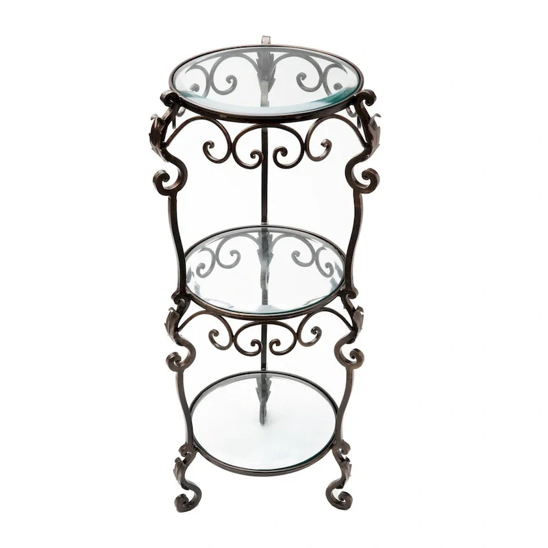 3 Tier Bronze Iron Acanthus Leaf Table with Beveled Glass - 12.5x12.5x34