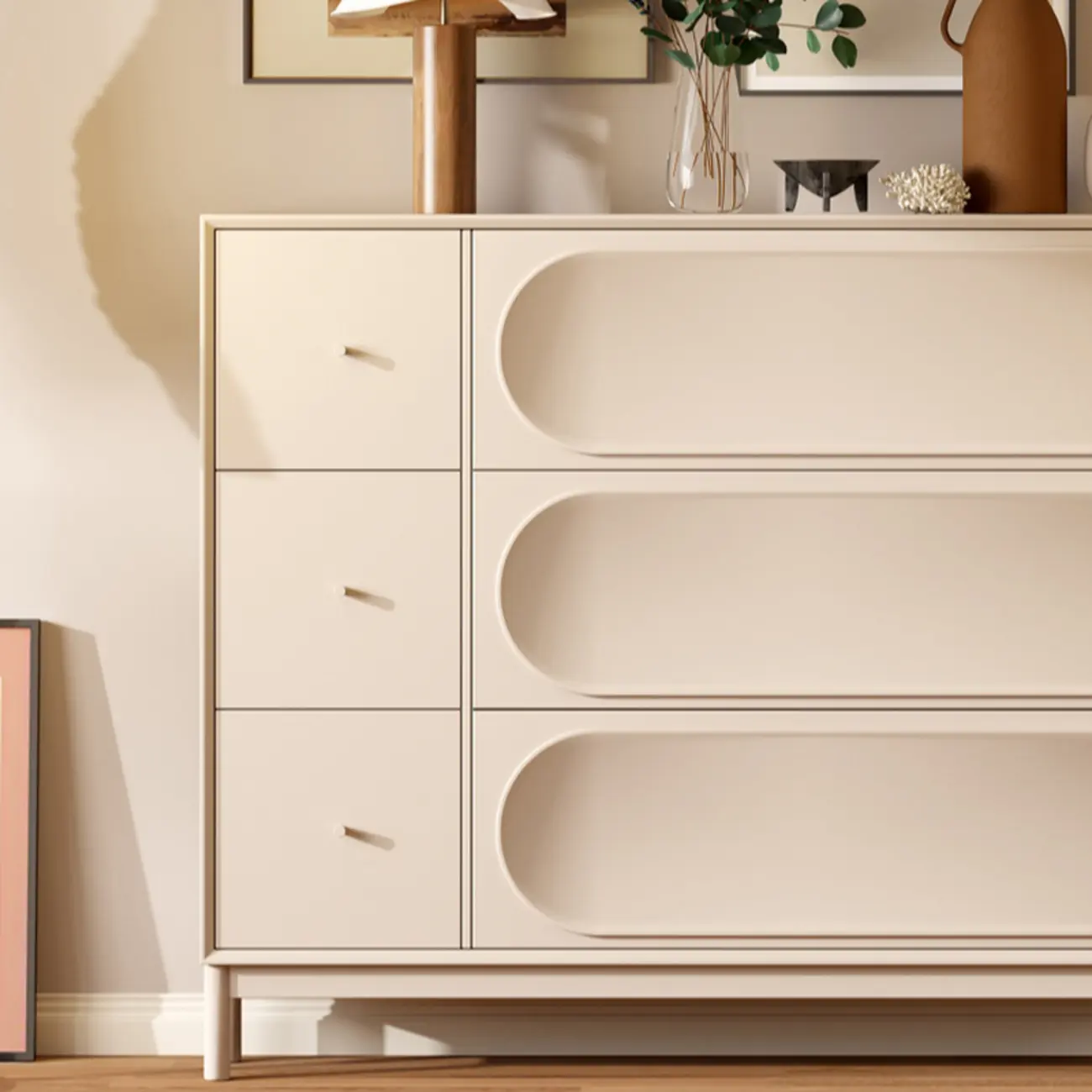 Cream Wooden Drop Front Shoe Cabinet with 3 Drawers