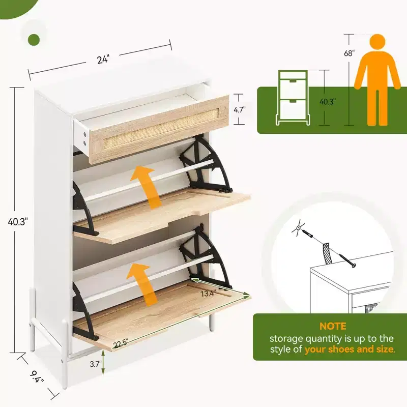 GustoWave 2 Flip Drawers Shoe Storage Cabinet with 1 Drawer, Rattan Shoe Organizer with Metal Legs, Freestanding Narrow Shoe Rack Cabinet for Entryway