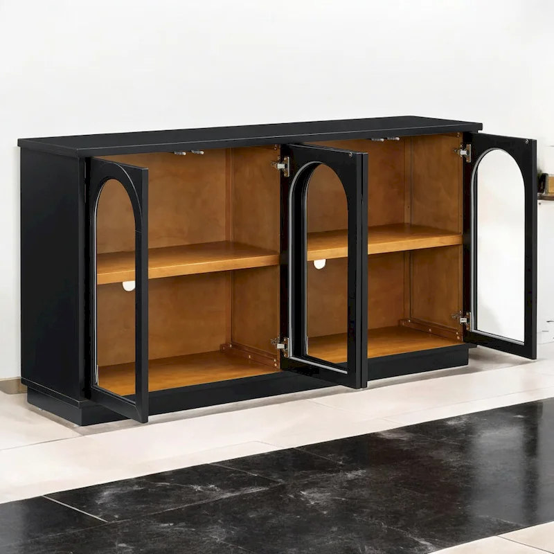 4-Door Large Storage Buffet Cabinet with Glass Doors, Adjustable Shelves and Arched Design for Kitchen, Dining Room