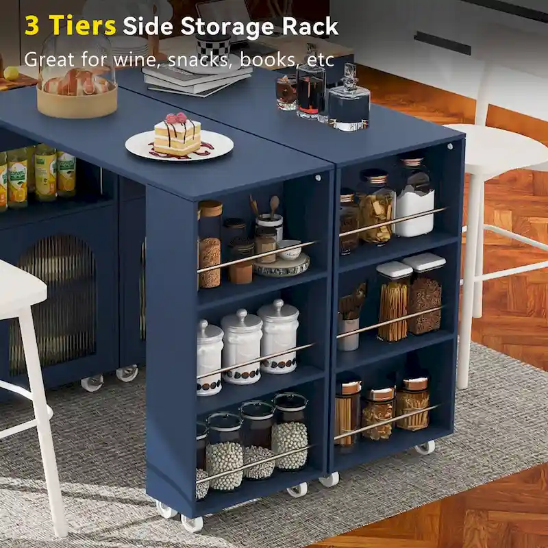 33 in. W Kitchen Island Rubberwood Top on 8 Wheels With Extended Table, LED Lights, Power Outlets