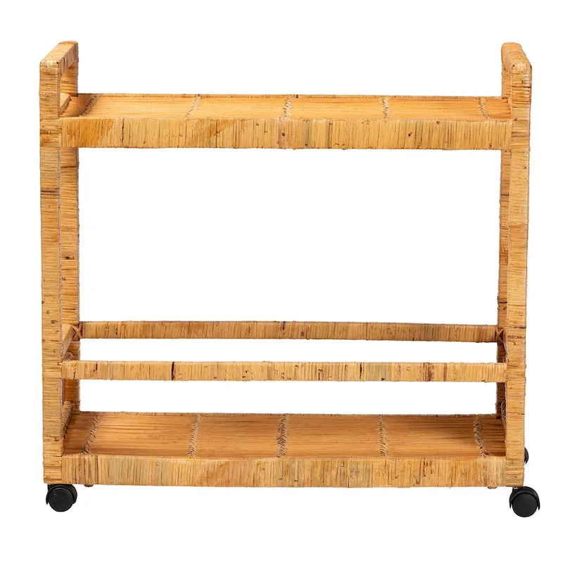 Genet Modern Bohemian Natural Brown Rattan and Teak Wood 2-Tier Kitchen Cart