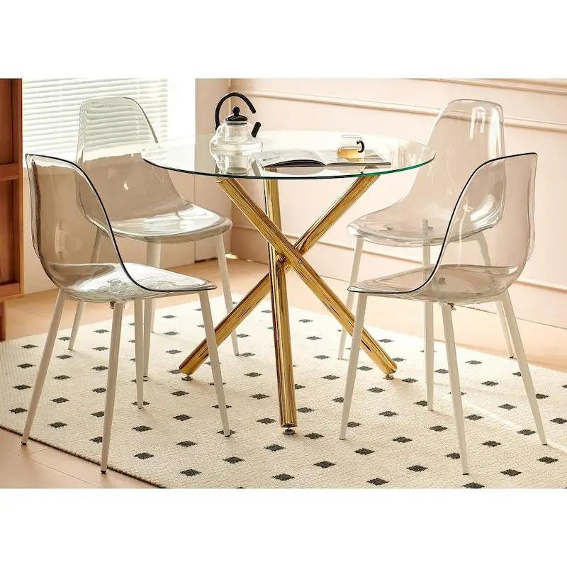 Modern 5-Piece Dining Set with Round Glass Metal Pedestal Table & 4 Transparent Chairs