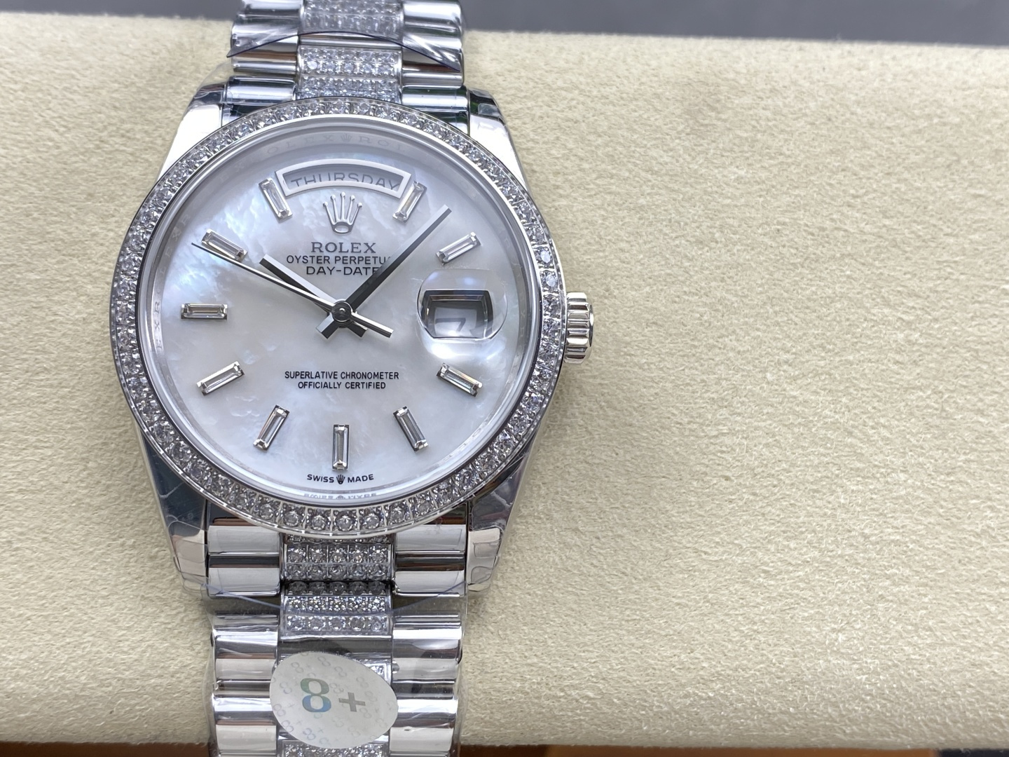 Rolex Day-Date 40 super clone with diamond-set bezel and mother of pearl dial