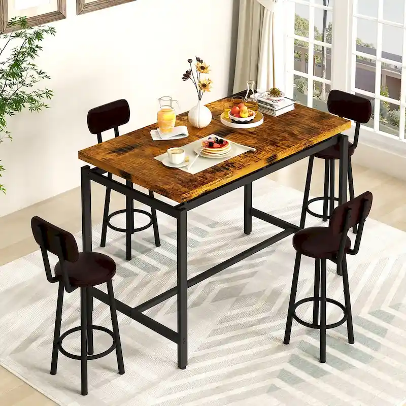 Mieres Industrial Style Rustic 5 Pieces Dining Table Set, Counter Height Dining Table with 4 Upholstered Bar Chairs