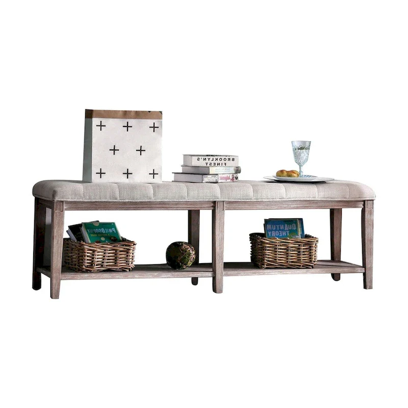 Hallway Bench with Button Tufted Seat and Open Bottom Shelf