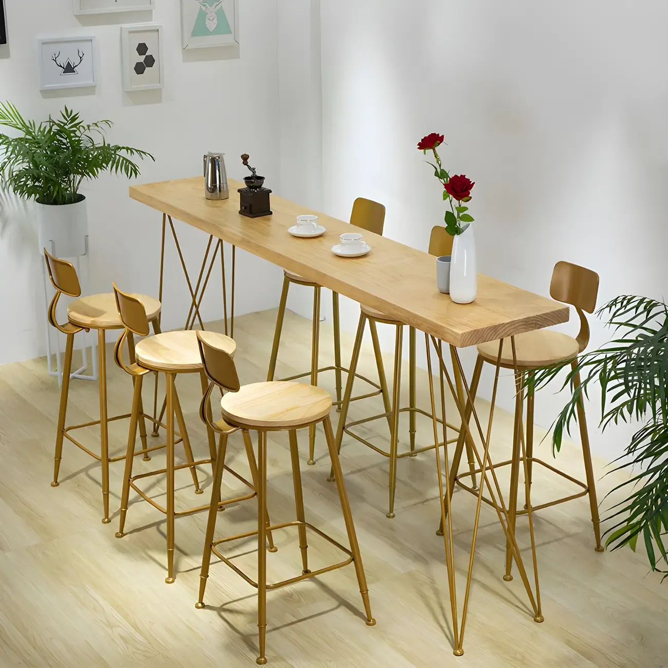 Elegant Long Bar Table with Wooden Stools