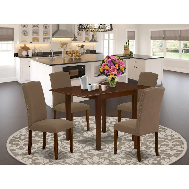 East West Furniture Dining Table Set- a Rectangle Table and Dark Coffee Linen Fabric Chairs, Mahogany (Pieces Option)