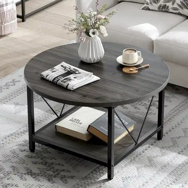2-Tier Round Coffee Table with Shelf – Grey / Brown / Black / White / Wood