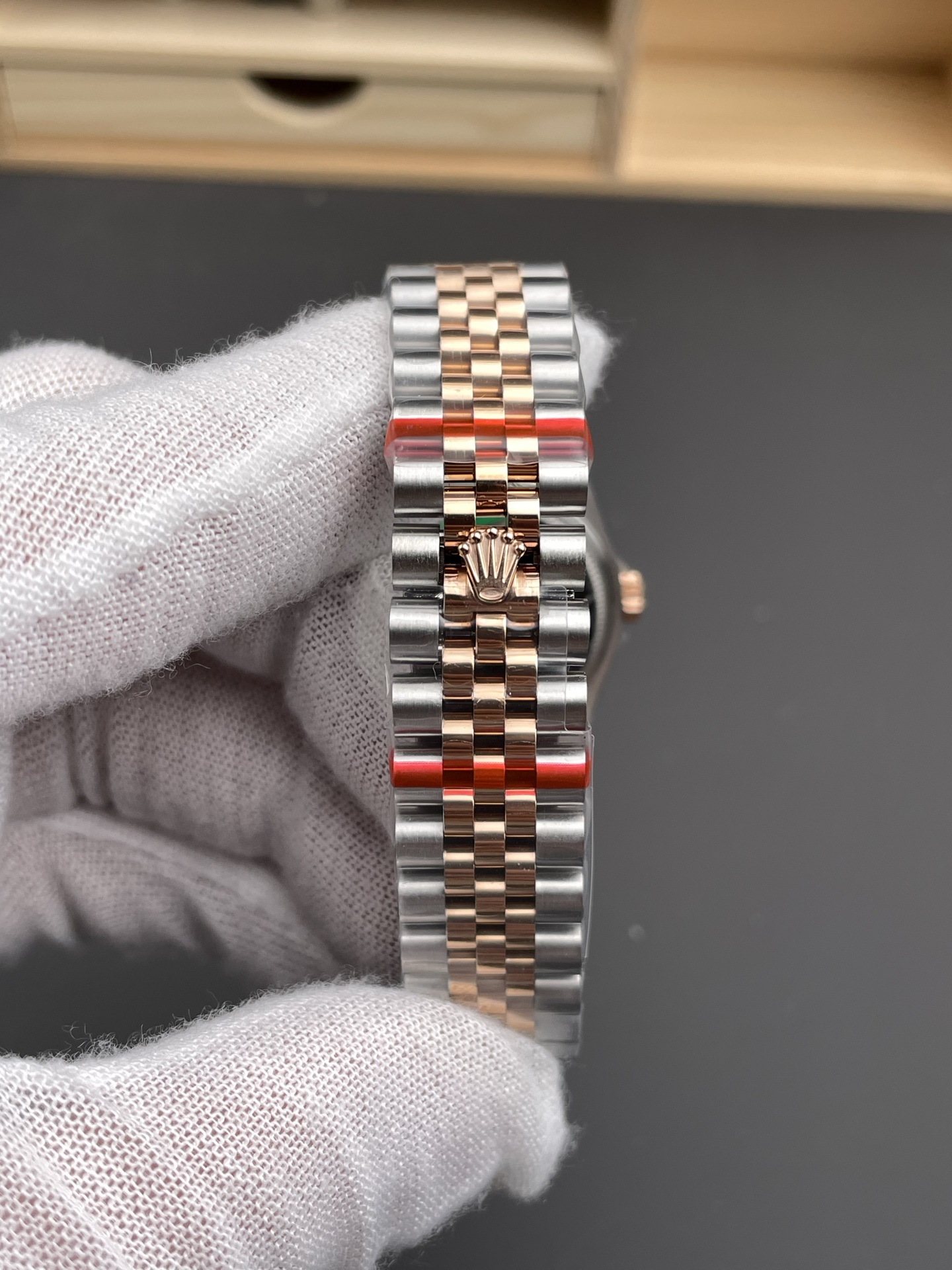Close view of two tone Jubilee bracelet clasp on Rolex Datejust replica watch