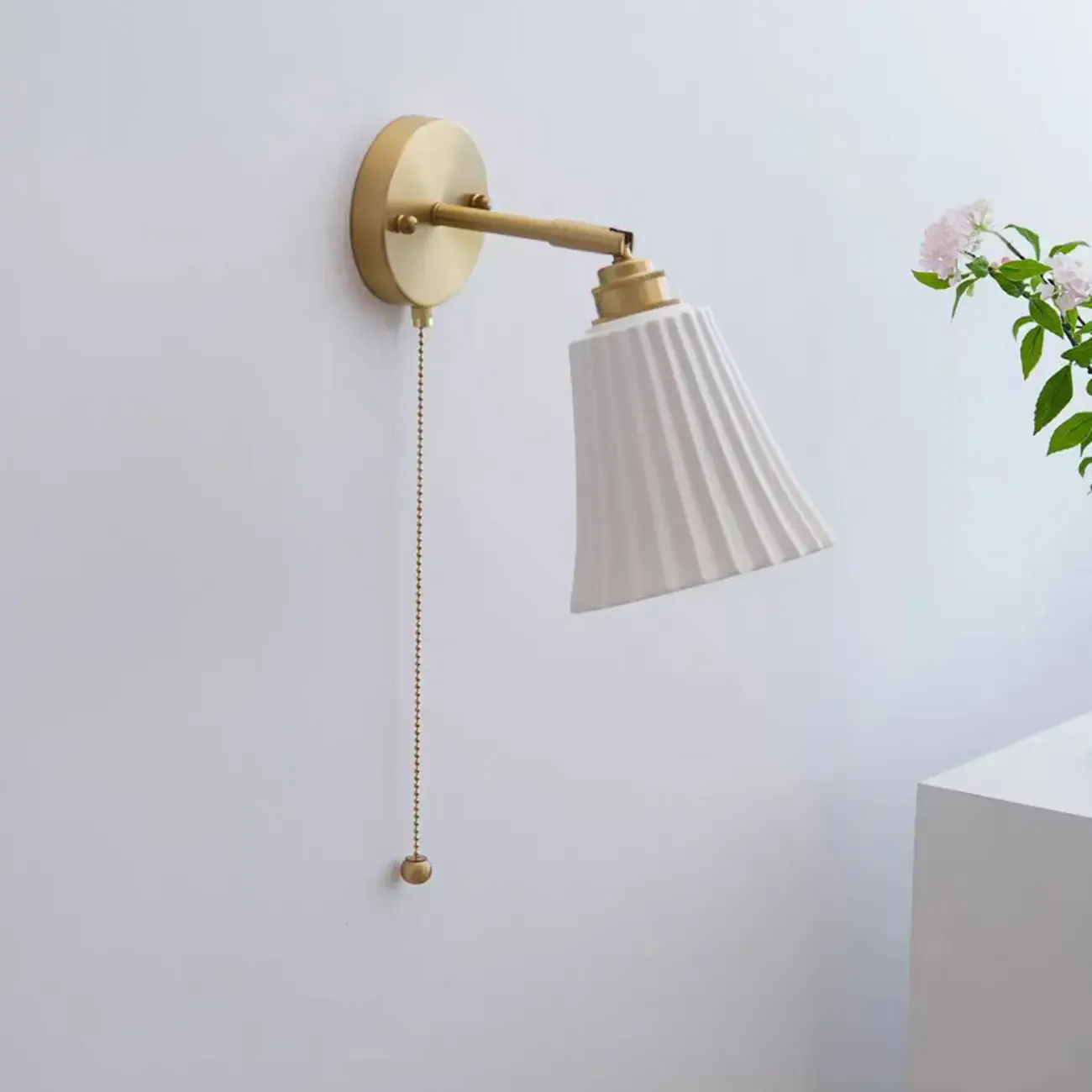 Modern White Wall Sconce with Ceramic Shade and Pull Chain