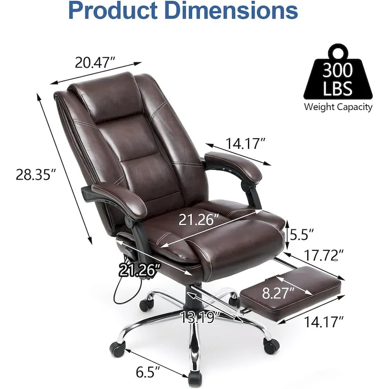 Ergonomic Heated Executive Office Chair with 2/4/6-Point Massage, Retractable Footrest, and PU Leather