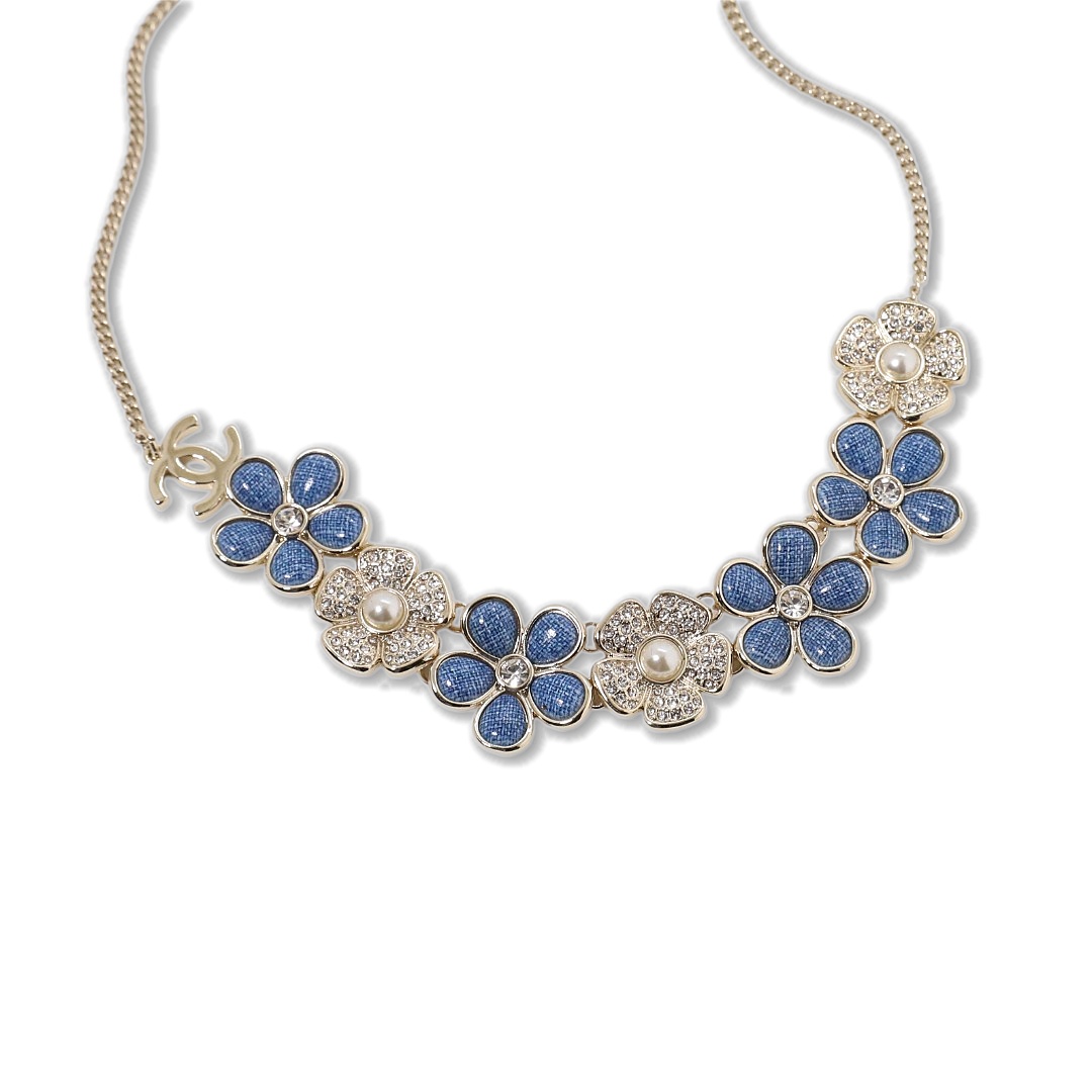 CCN446 Chanel Cowboy denim flower charm choker necklace - ccjewelryacc