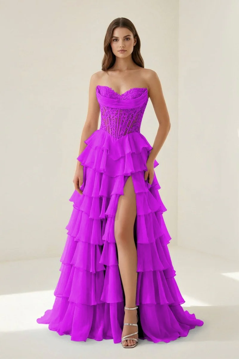 Magenta - Strapless A Line Chiffon Ruffled Prom Dresses With Appliques