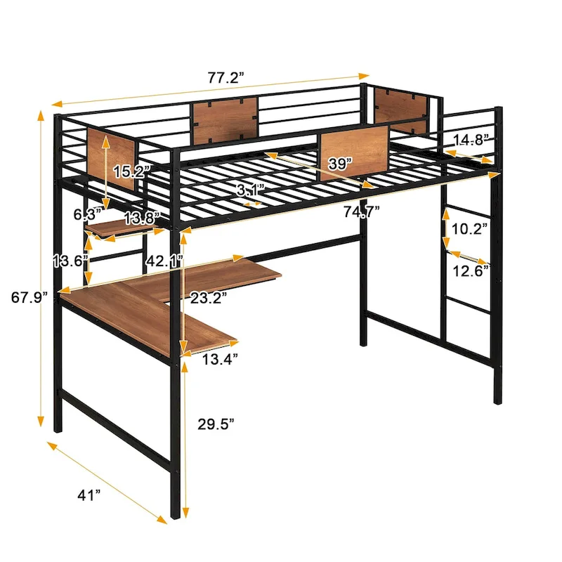 Twin Metal Loft Bed with Desk and Shelve