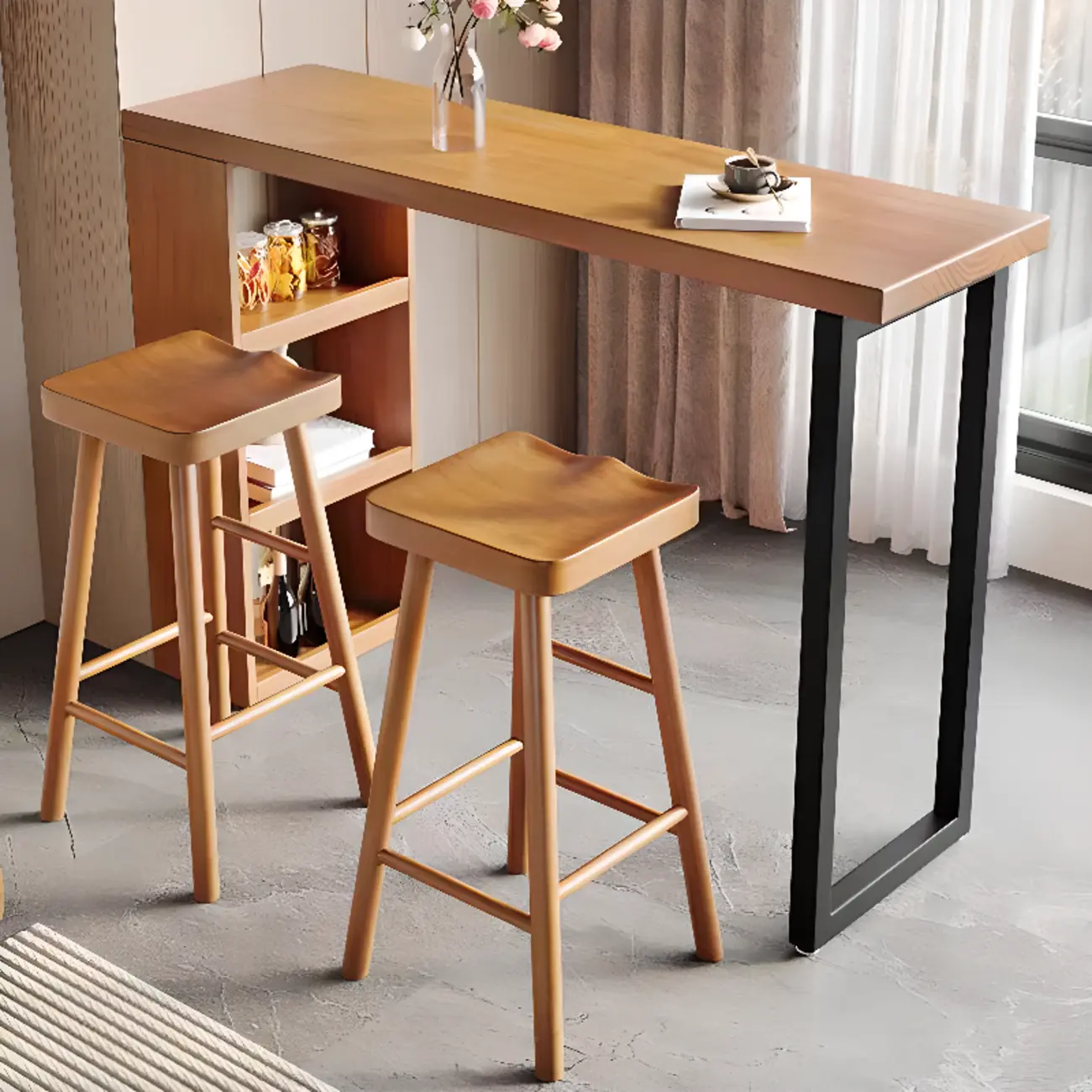 Nordic Pine Wood Rectangular Bar Table with Storage Rack for Dining Room