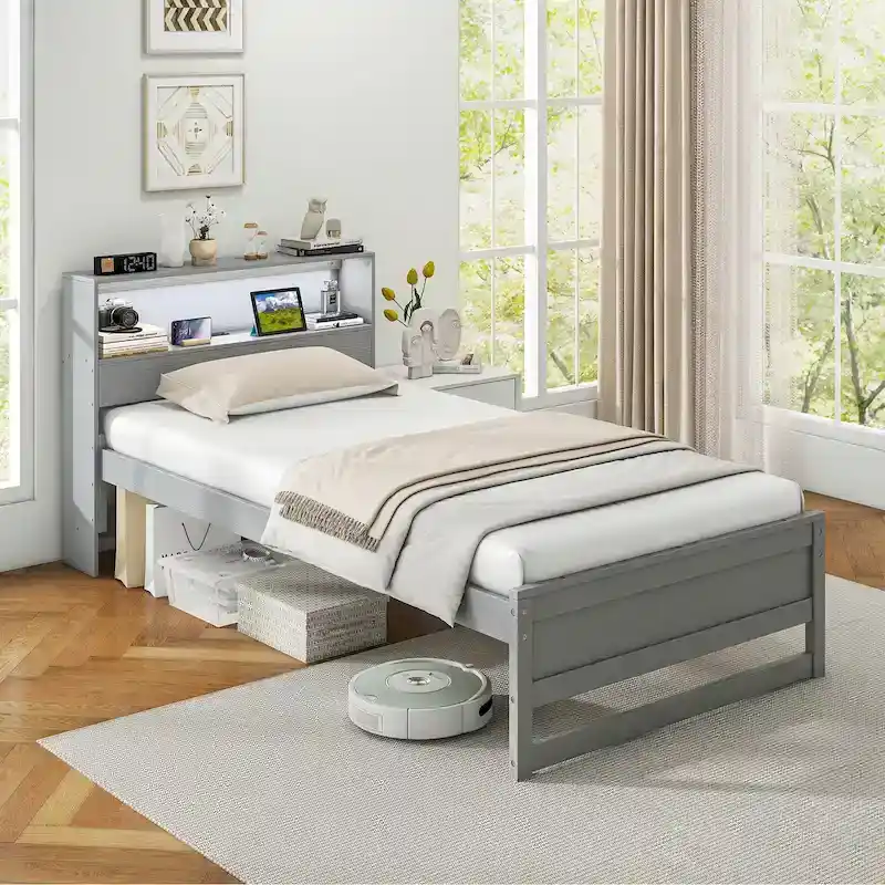 Gymax Twin Size Wooden Bed Frame w/ Charging Station & LED Light