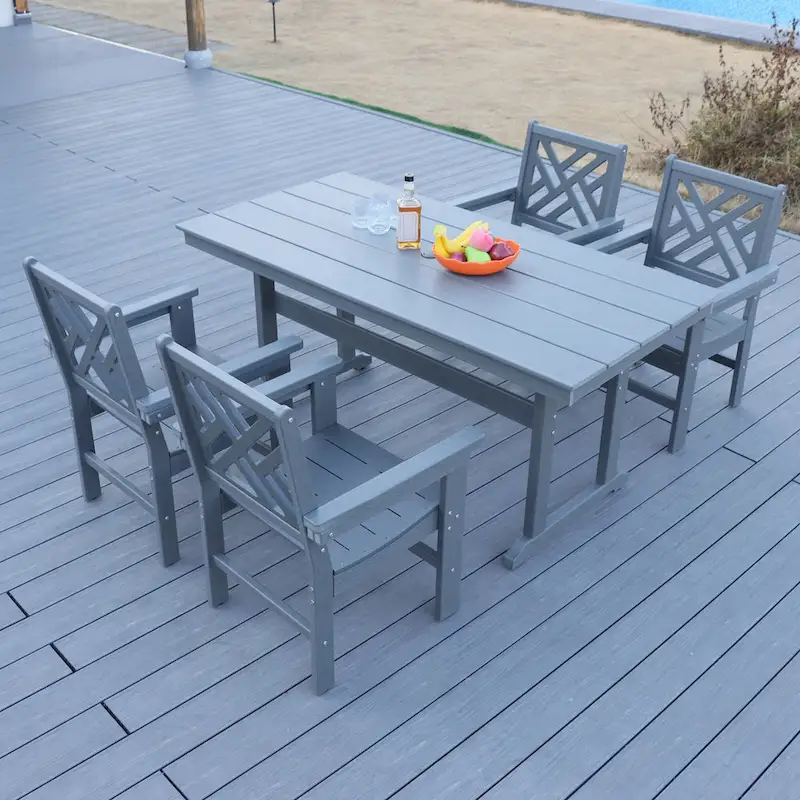 5 Piece Outdoor Dining Table and Chair Set, Garden Wooden Furniture Set, Rectangular Table with Umbrella Hole and 4 Chairs