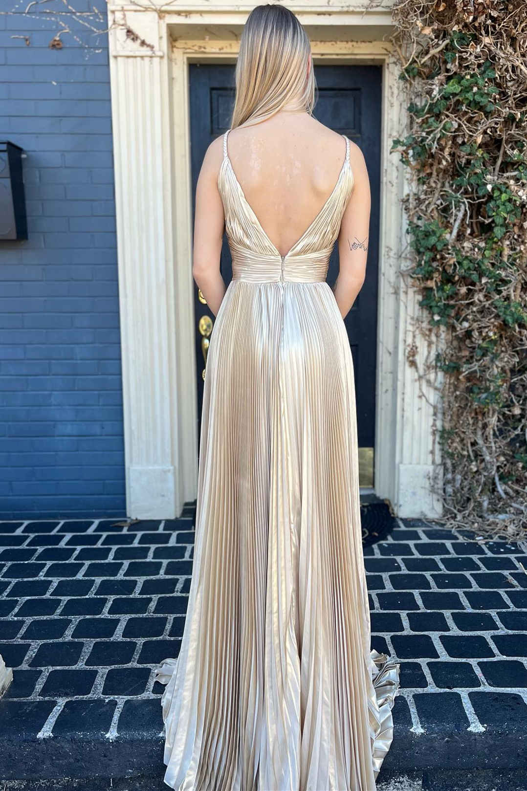 Plunging V-Neck Gold Pleated Long Prom Dress