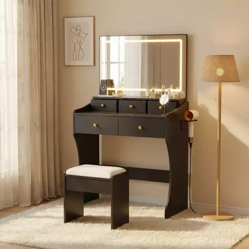 31.5 Vanity Set with LED Mirror & Hidden Chair 3-Color Lighting Dressing Table with Power Outlet & Hairdryer Holder, Compact Makeup Desk for Bedroom