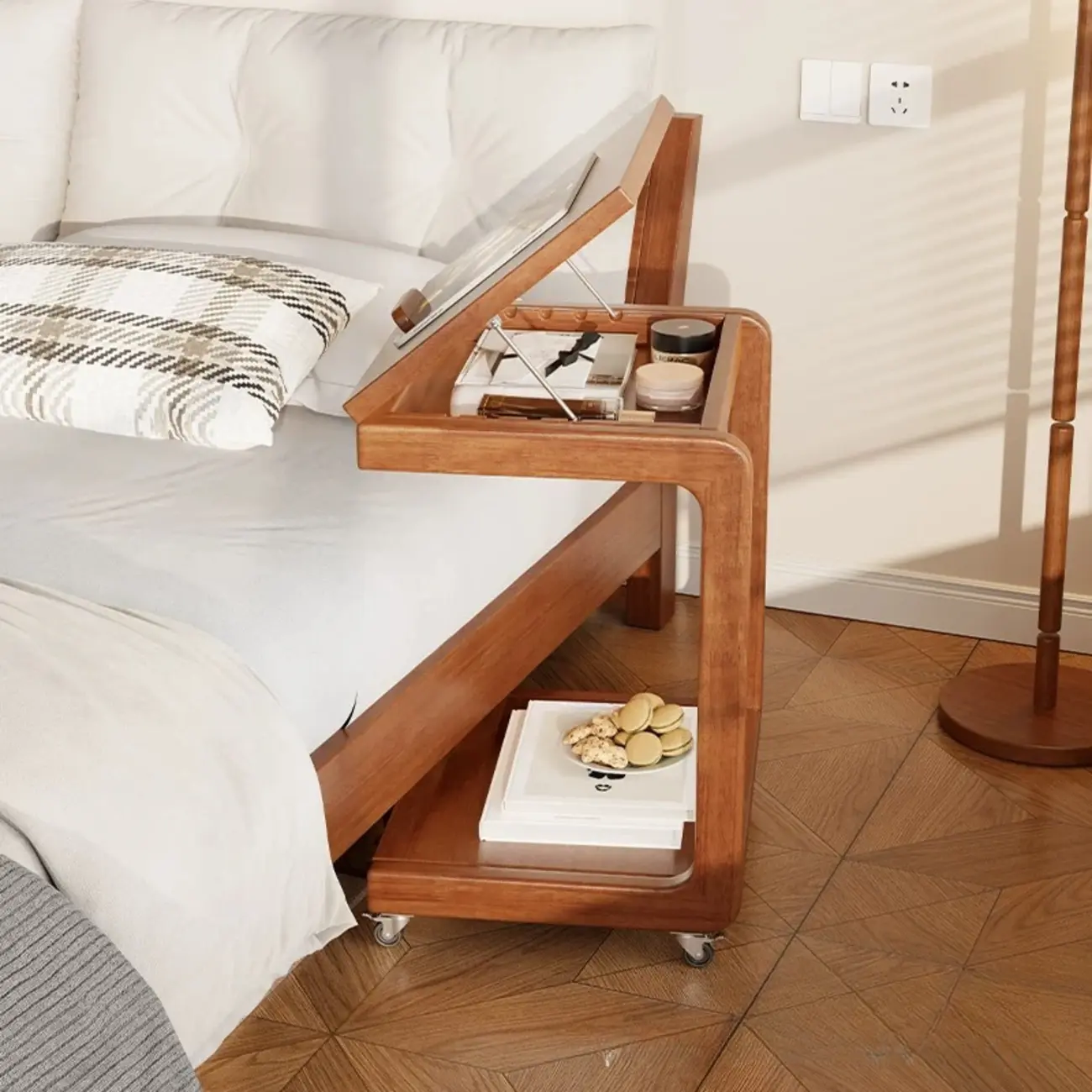 Adjustable Tabletop Wood C Shaped Side Table with Wheels