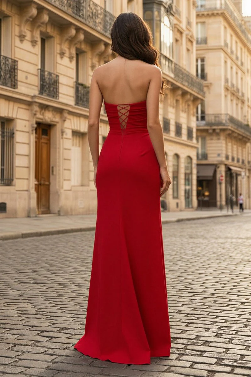 Red - Mermaid Strapless Satin Pleated Long Prom Dress with Slit
