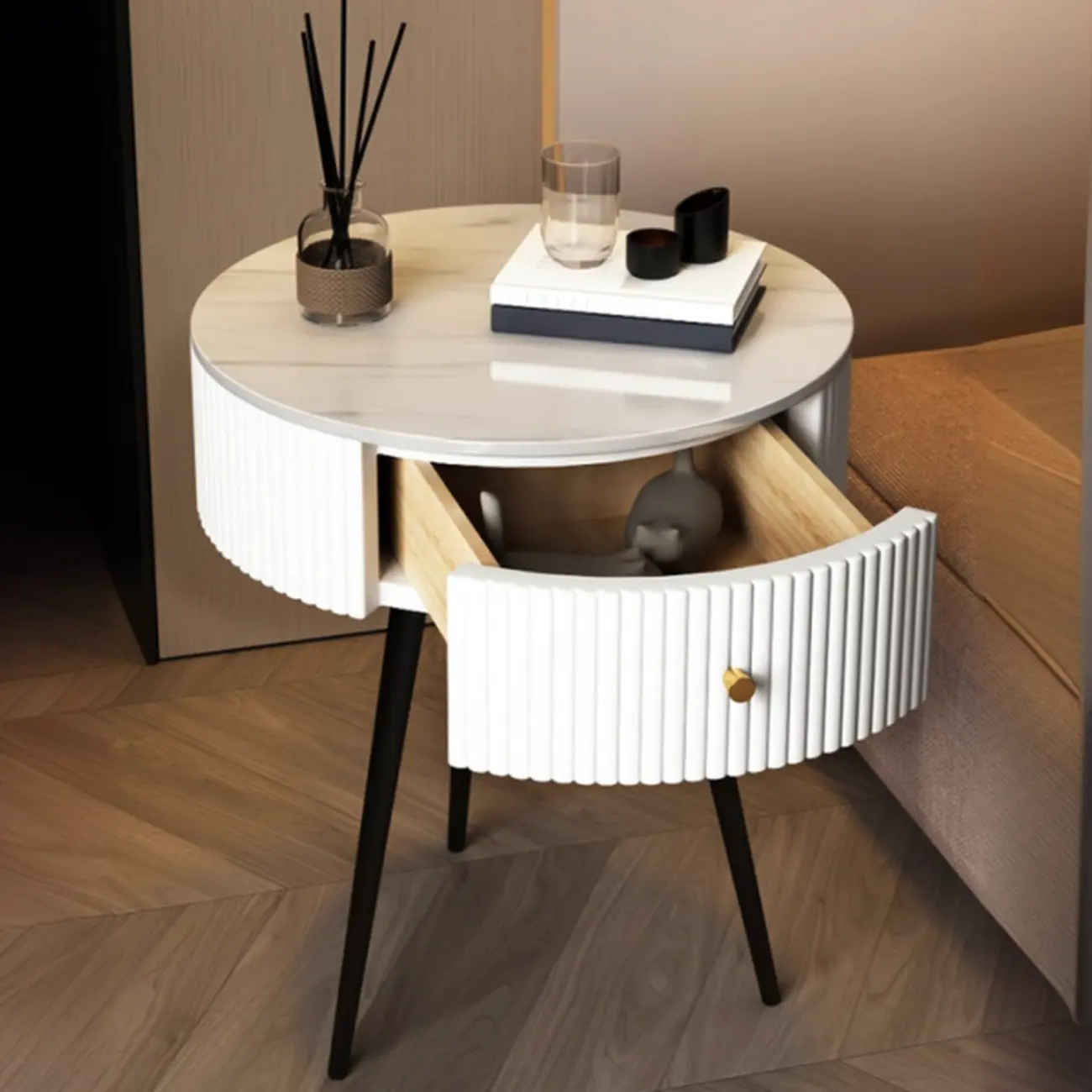 Modern Sintered Stone Top Round Drawer Tripod Nightstand