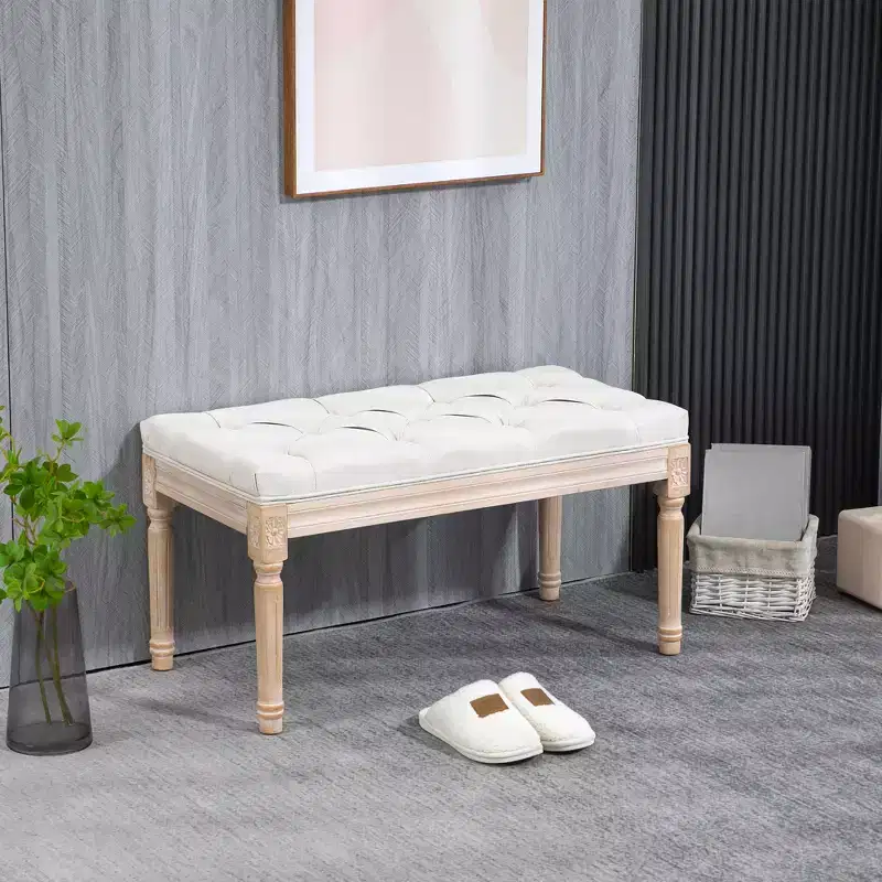 HOMCOM French Vintage End of Bed Bench, Linen Upholstered Bench with Thick Padded Seat and Wood Legs, Tufted Bedroom Bench