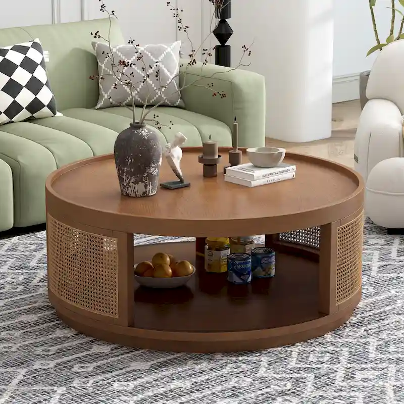 Round Cane Coffee Table with PE Rattan Side