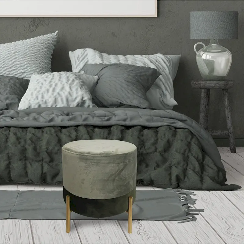 Grey Round Velvet Stool Ottoman with Metal Legs, Single Seat