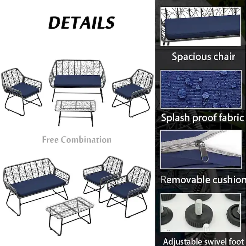 4-Piece Wicker Patio Set with Tempered Glass Table and Detachable Blue Cushions