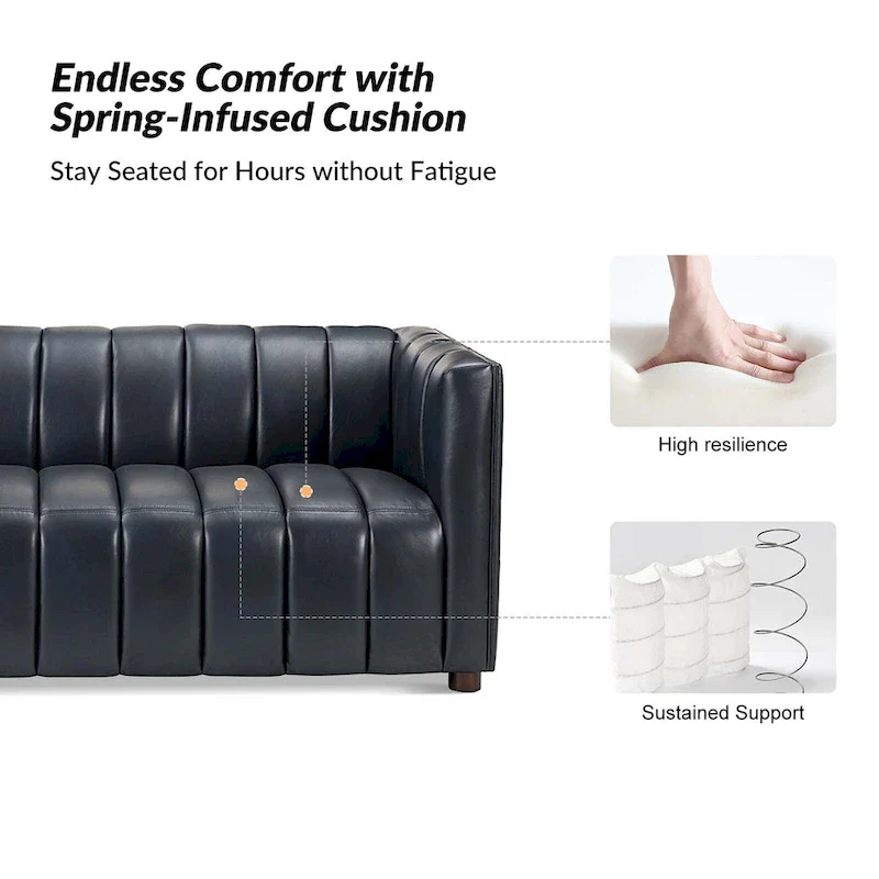 Modern Camel 83-Inch Genuine Leather Curved Couch with Channel Back