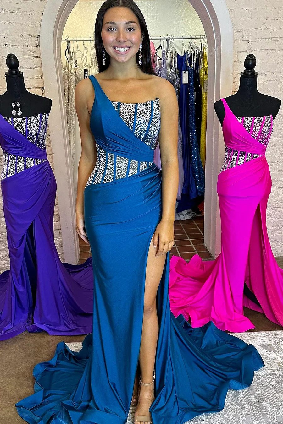 Blue Mermaid One Shoulder Long Prom Dresses with Beaded