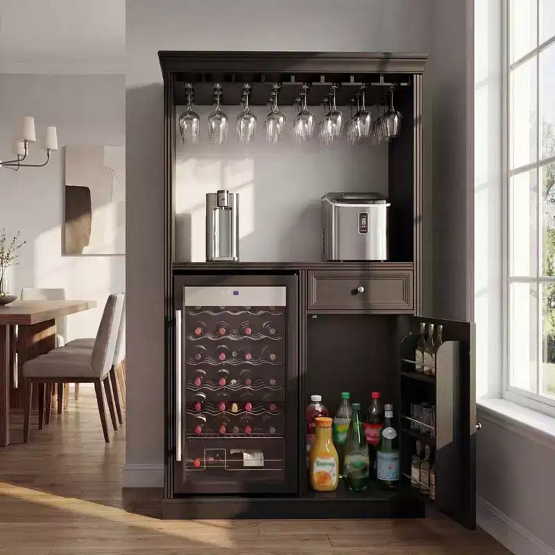 Famapy Kitchen Bar Cabinet,Compact Wine Fridge with Tempered Glass Door,Built-in LED,Temperature Control,Ideal for Kitchen Counter & Home Bar