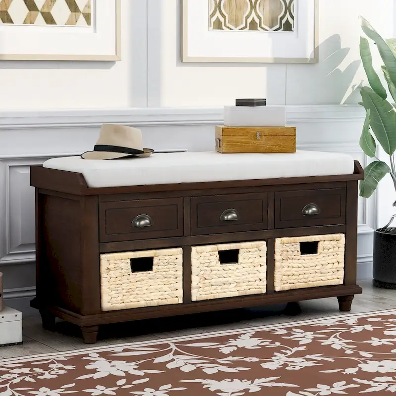 Storage Bench with 3 Drawers and 3 Rattan Baskets for Entryway and Living Room