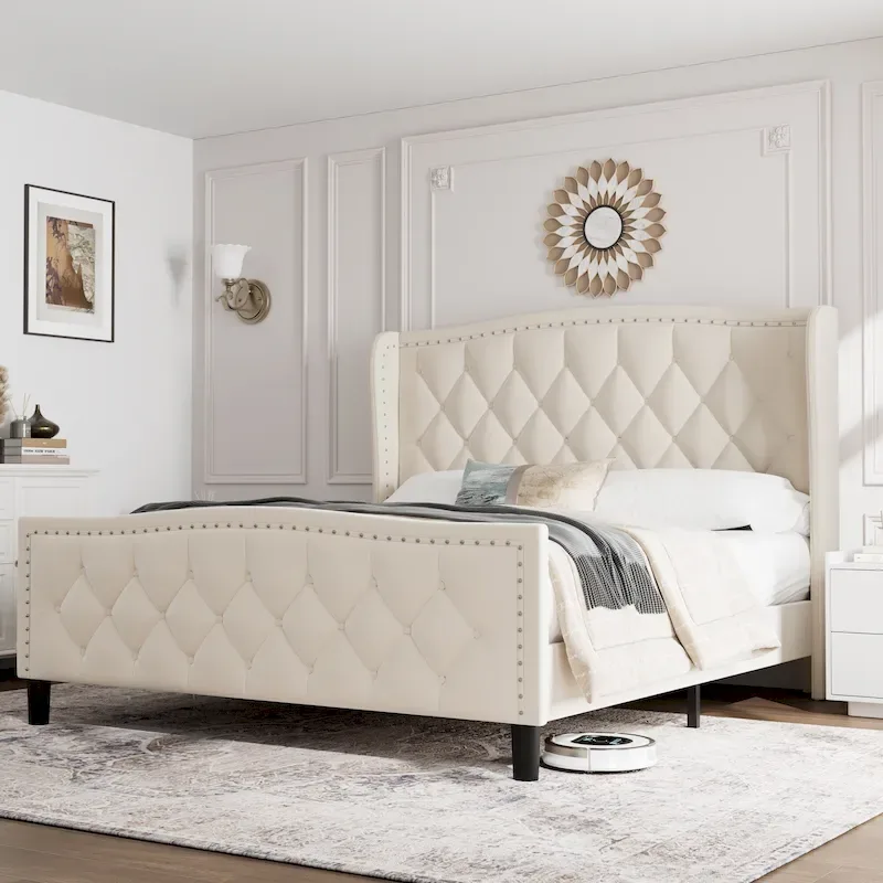 Full Size Modern Velvet Platform Bed with Wingback Headboard & Wooden Slats