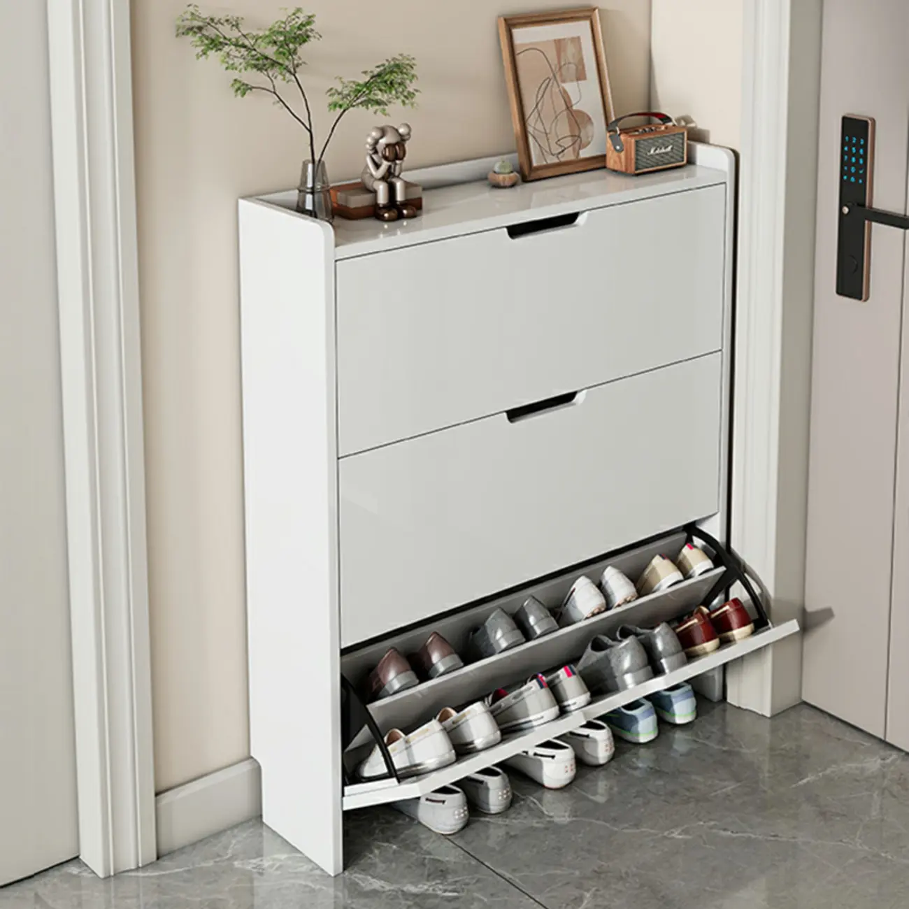 3-Tier White Wood Shoe Cabinet with Drop Front