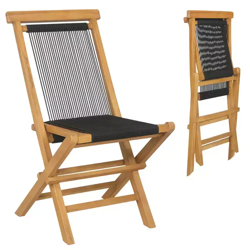 Costway 2/4 PCS Patio Folding Chairs with Woven Rope Seat & Back Indonesia Teak Wood for Porch Natural&Black