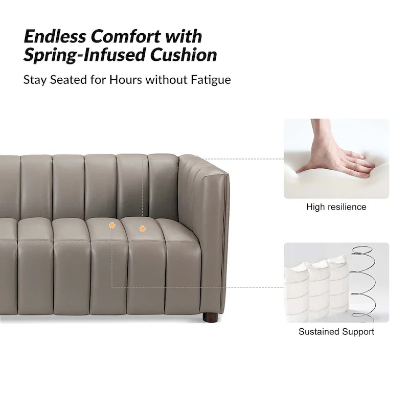 Modern Camel 83-Inch Genuine Leather Curved Couch with Channel Back