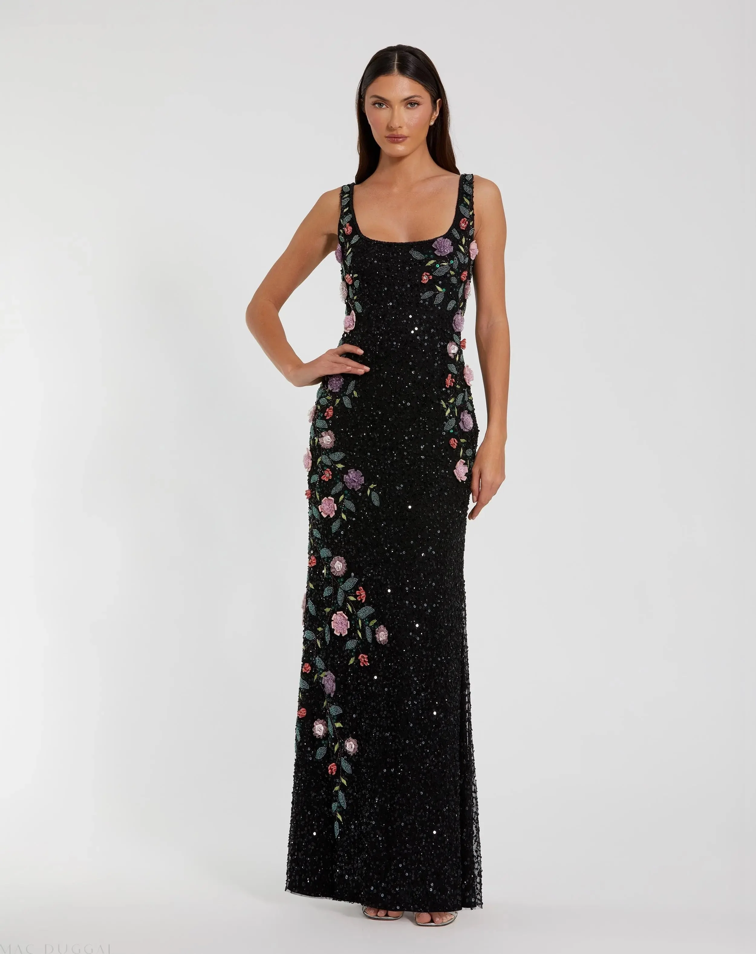 Black Floral Beaded Mesh Scoop Neck Sleeveless Gown