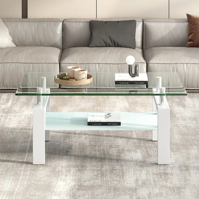 2-Layers Tempered Glass Coffee Table - 23.62 x 39.37 x 17.32