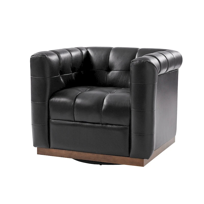 JeremiasMid-certury Modern GenuineLeatherTufted SwivelClubChair with Wooden Apron by HULALA HOME