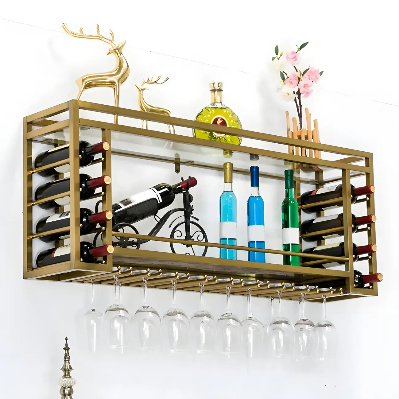 Luxury Metal Gold Wall-Mounted Open Wine Rack