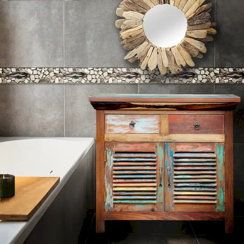 Recycled Teak Wood Louvered Linen Cabinet with 2 Doors and 2 Drawers