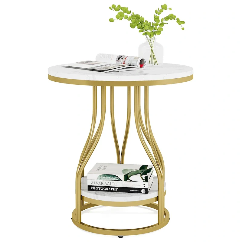 2-Tier Faux Marble Round End Side Table with Stylish Metal Frame,Modern Simple Bedside Nightstand Accent Tables