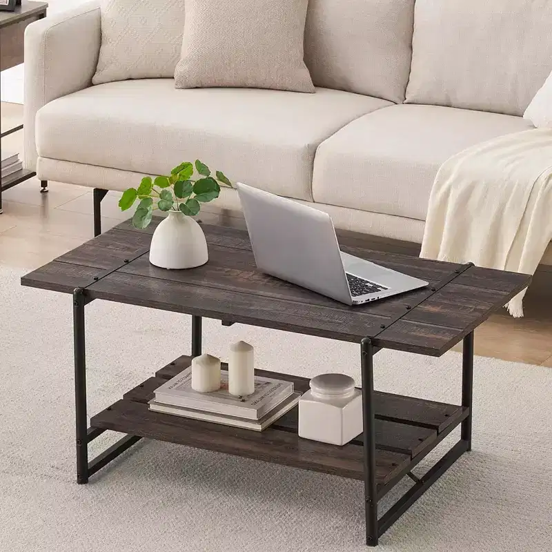 2-Tier Farmhouse 41'' Large Wood Coffee Table with Shelf -Modern Rustic Metal Rectangle Center Living Room