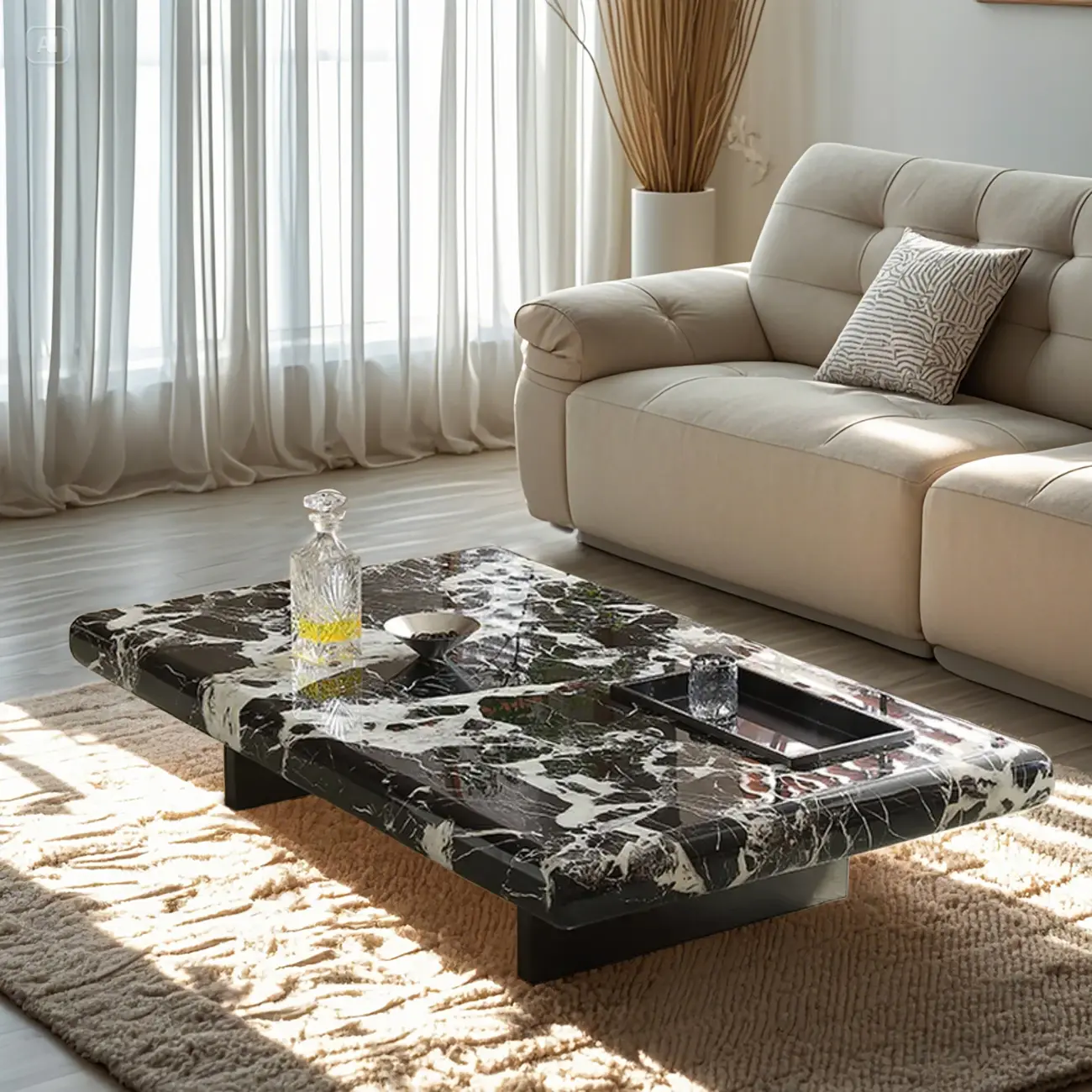 Modern Marble Black Rectangular Sleigh Coffee Table