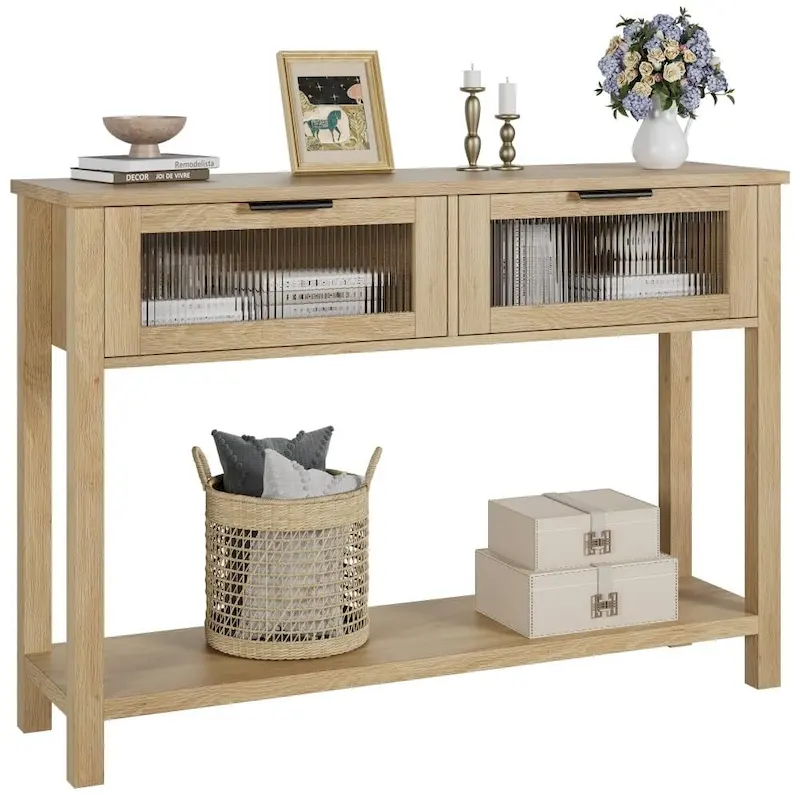 Burly Wood / Rustic Brown / Black Farmhouse Console Table with 2 Glass Drawers & 2-Tier Shelf - Single Use
