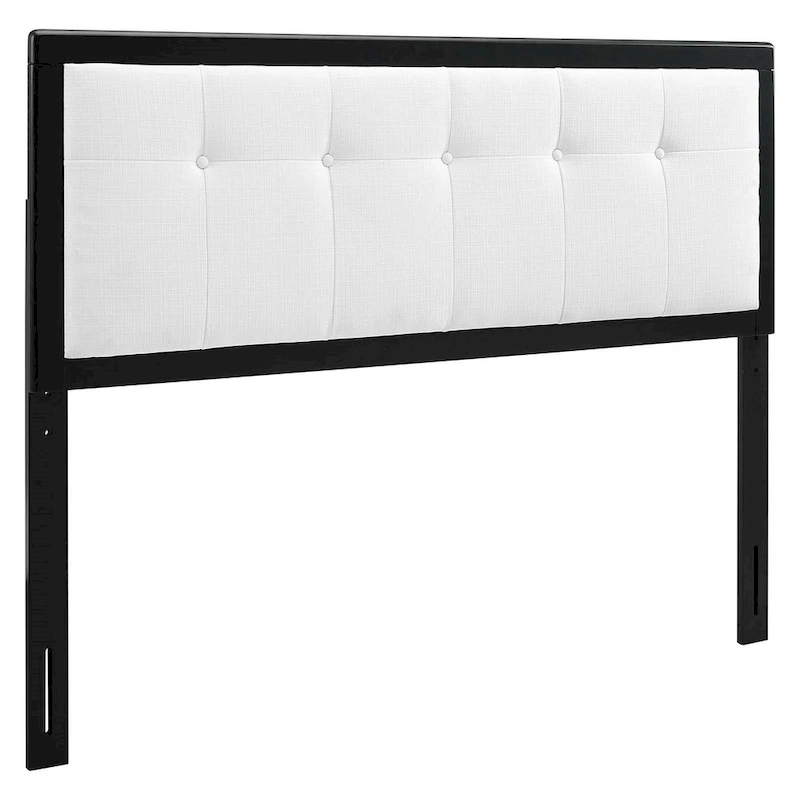 Marlin Traditional White Fabric Button Tufted Queen Size Black Wooden Headboard