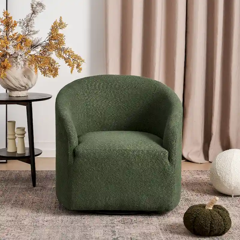 KINWELL 32 W Boucle Upholstered Swivel Barrel Accent Armchair